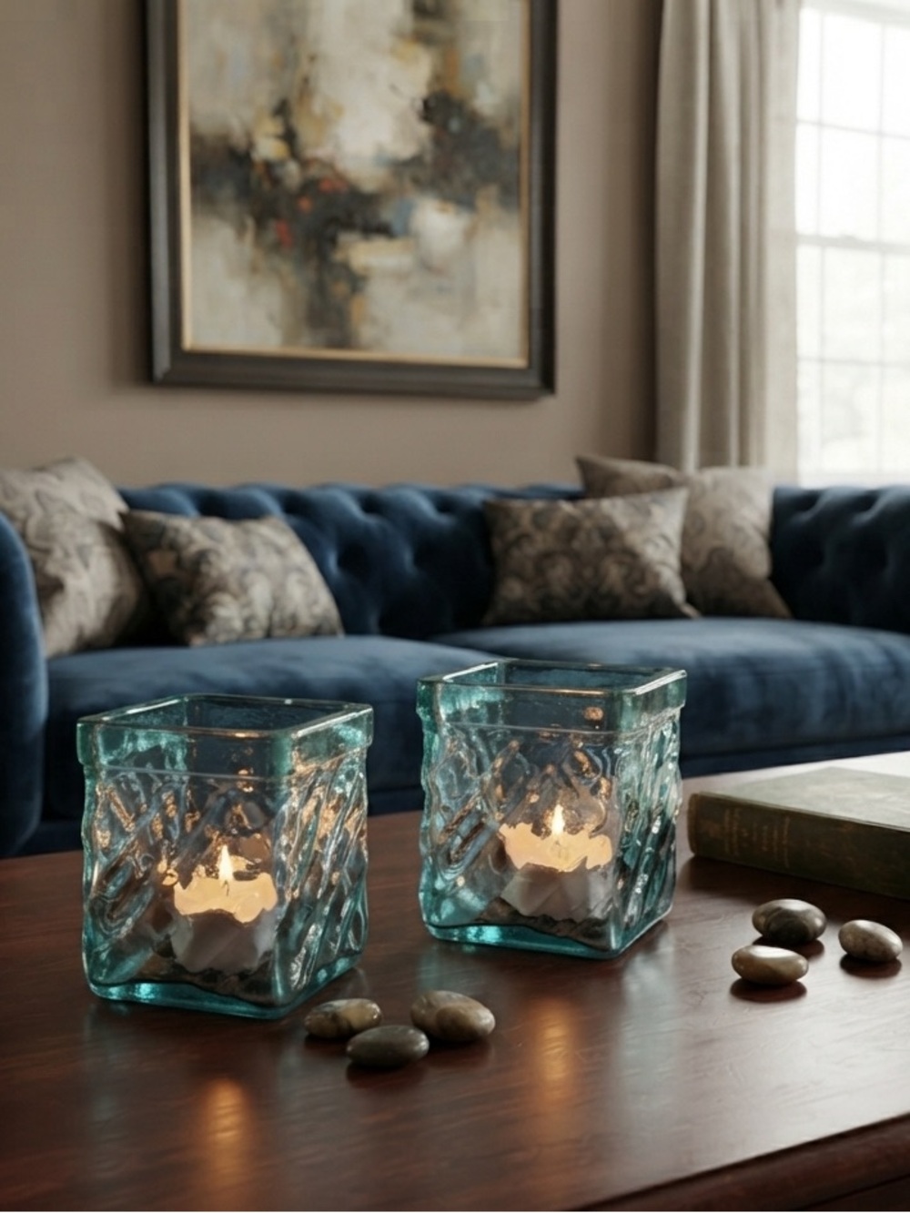 Pair of Vintage Aqua Ribbed Glass Votive Holder, Block Design